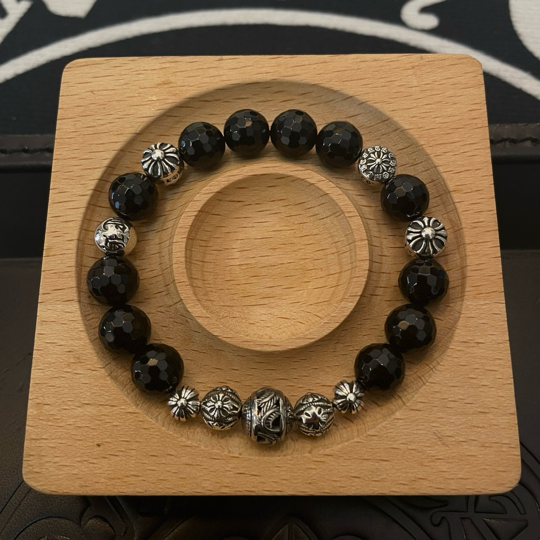  新款【专柜品质】Chrome Hearts克罗心 经典复古多元素黑曜石手链 手串，凹凸造型不同的花纹设