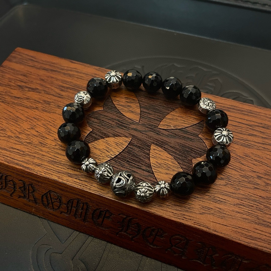  新款【专柜品质】Chrome Hearts克罗心 经典复古多元素黑曜石手链 手串，凹凸造型不同的花纹设