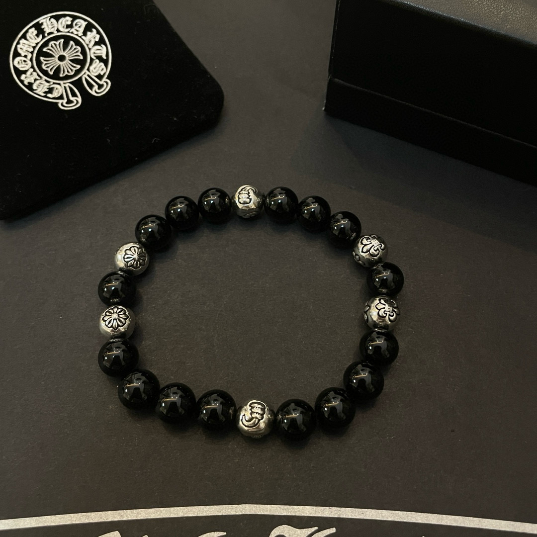  新款【专柜品质】Chrome Hearts克罗心 经典复古多元素黑曜石手链 手串，凹凸造型不同的花纹设