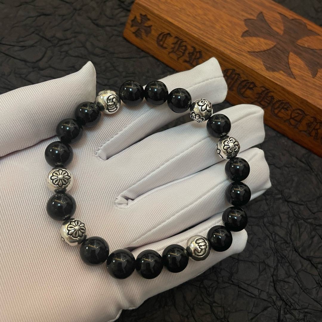  新款【专柜品质】Chrome Hearts克罗心 经典复古多元素黑曜石手链 手串，凹凸造型不同的花纹设
