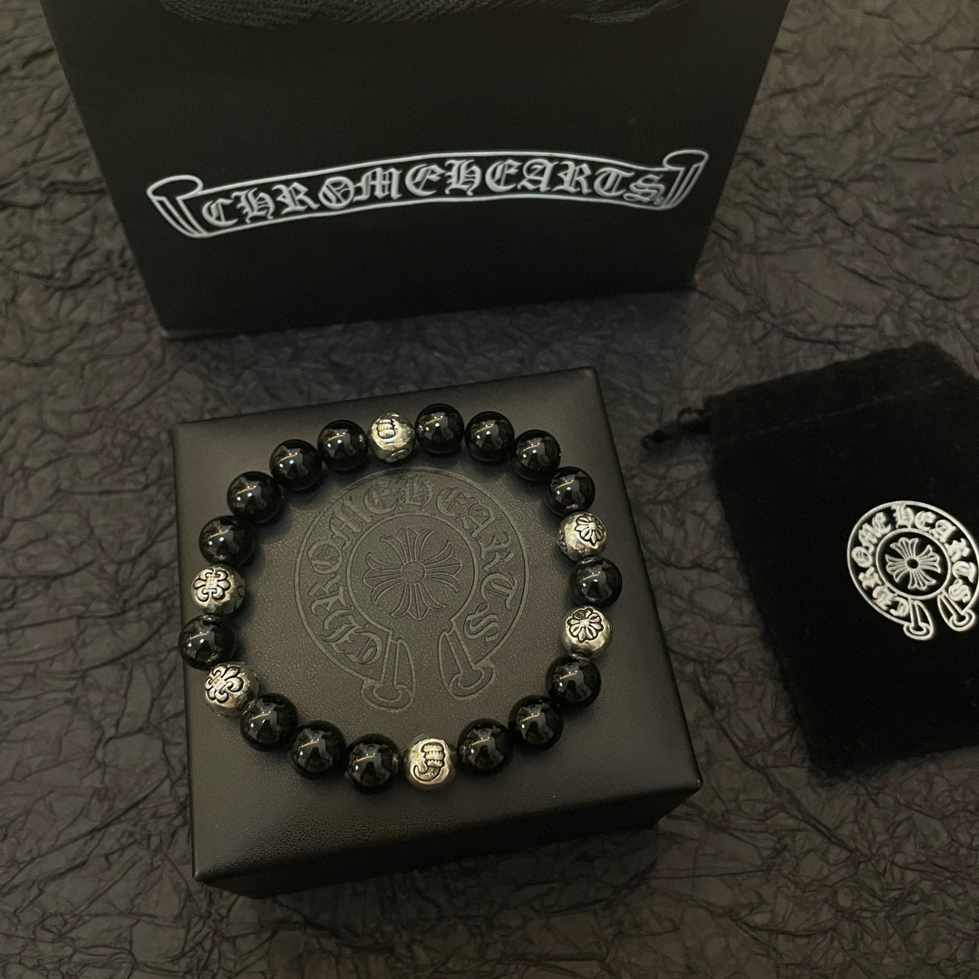  新款【专柜品质】Chrome Hearts克罗心 经典复古多元素黑曜石手链 手串，凹凸造型不同的花纹设