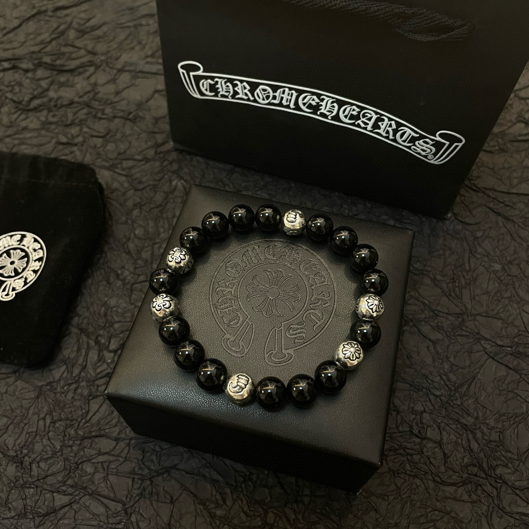  新款【专柜品质】Chrome Hearts克罗心 经典复古多元素黑曜石手链 手串，凹凸造型不同的花纹设