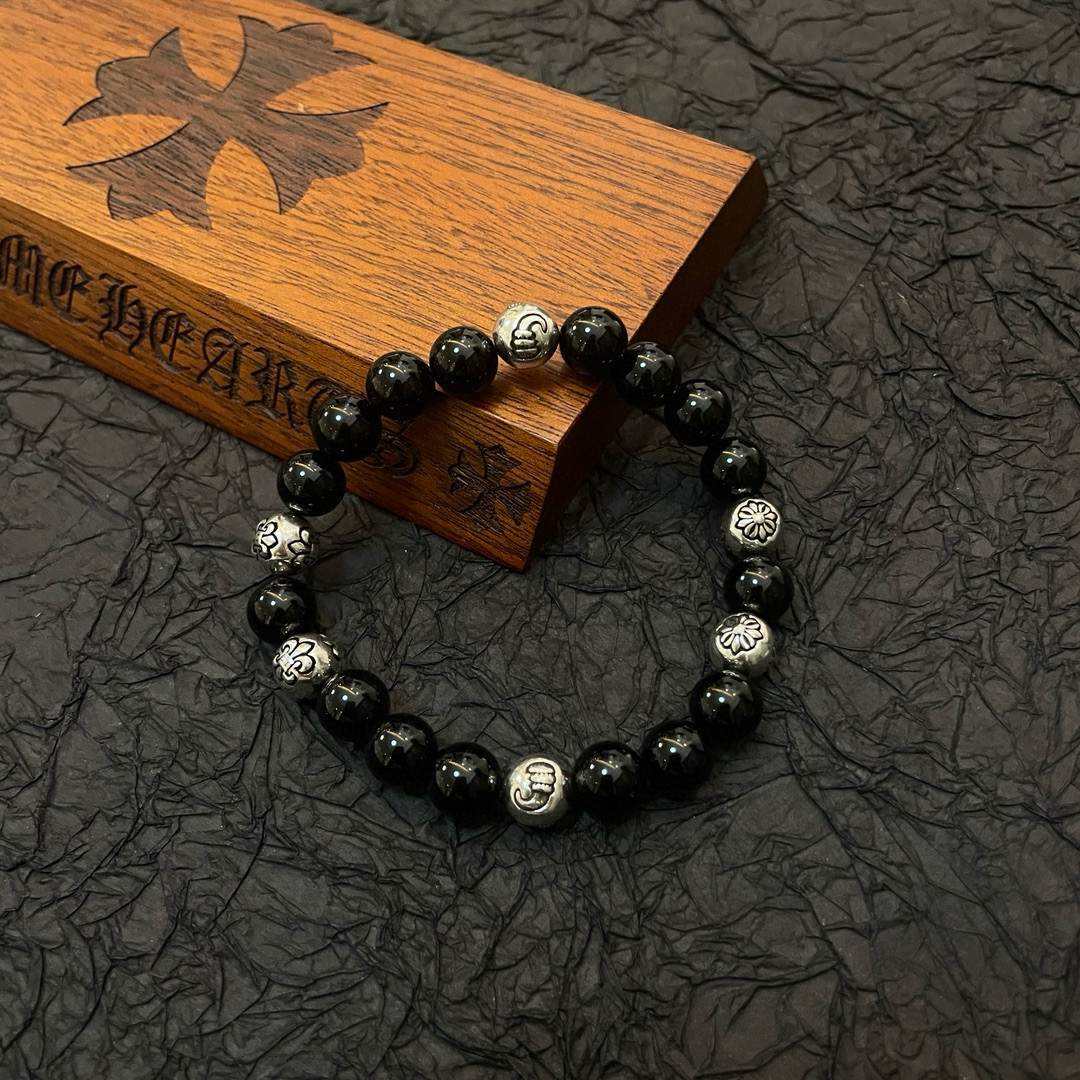  新款【专柜品质】Chrome Hearts克罗心 经典复古多元素黑曜石手链 手串，凹凸造型不同的花纹设
