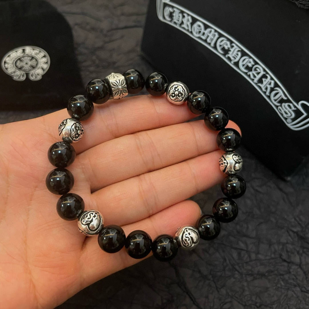  新款【专柜品质】Chrome Hearts克罗心 经典复古多元素黑曜石手链手串，凹凸造型不同的花纹设计