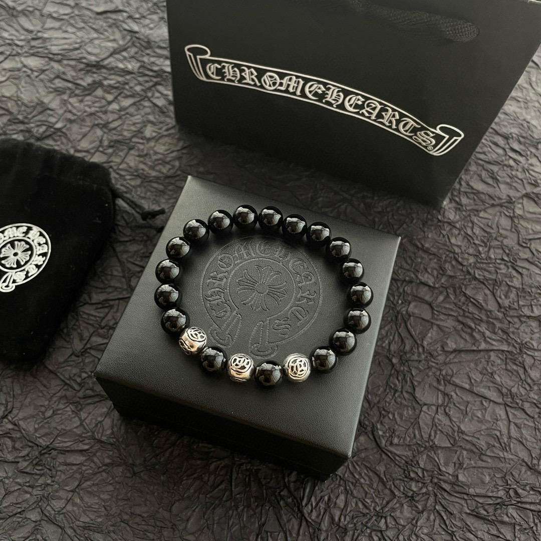  新款【专柜品质】Chrome Hearts克罗心 经典复古多元素 黑玛瑙手链 手串，凹凸造型不同的花纹