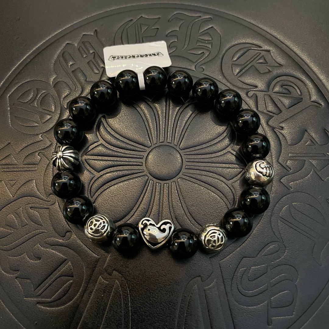  新款【专柜品质】Chrome Hearts克罗心 经典复古多元素黑曜石手链 手串，凹凸造型不同的花纹设