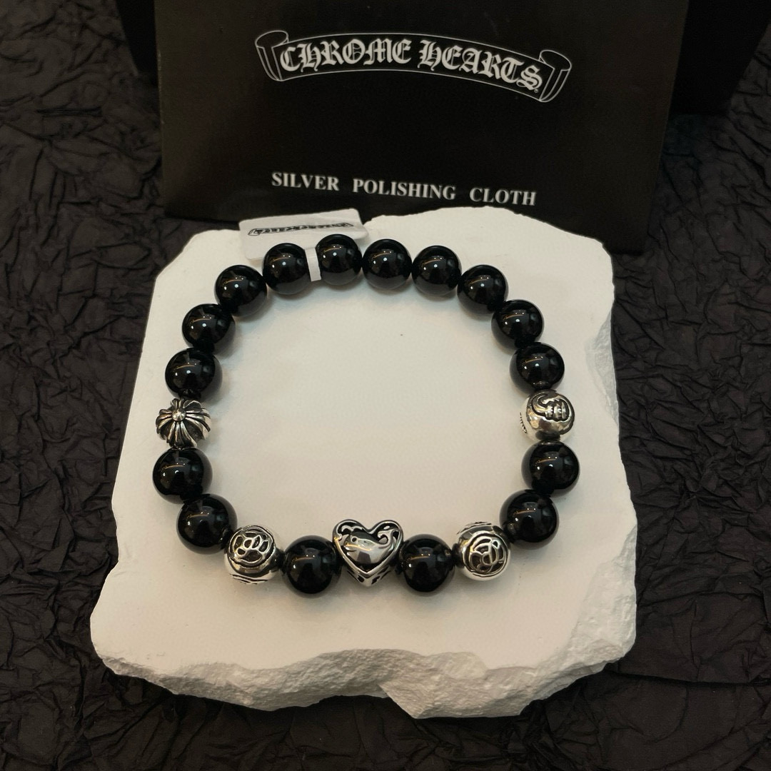  新款【专柜品质】Chrome Hearts克罗心 经典复古多元素黑曜石手链 手串，凹凸造型不同的花纹设