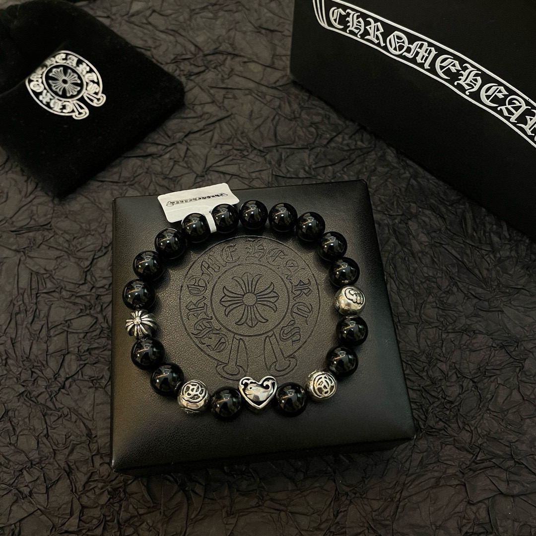  新款【专柜品质】Chrome Hearts克罗心 经典复古多元素黑曜石手链 手串，凹凸造型不同的花纹设