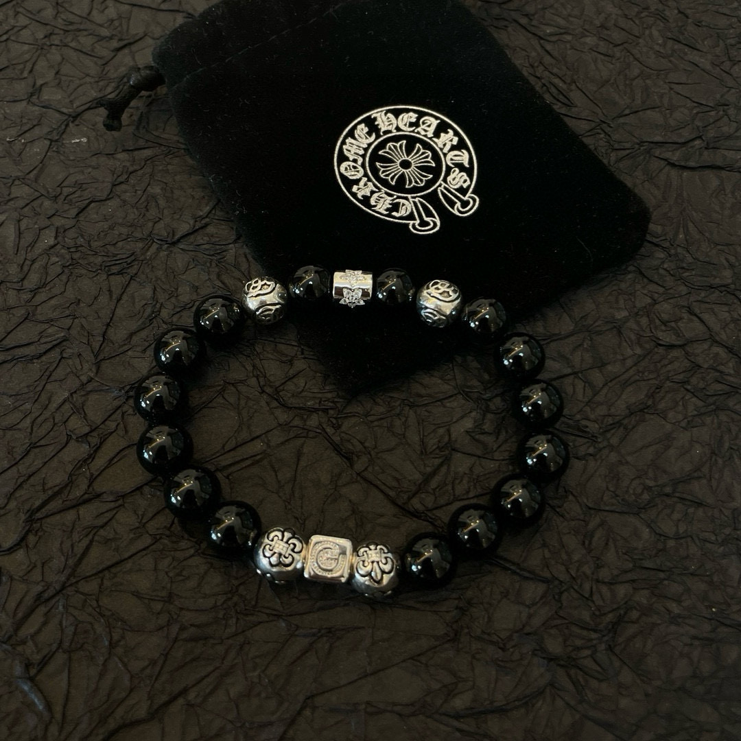  新款【专柜品质】Chrome Hearts克罗心 经典复古多元素黑曜石手链手串，凹凸造型不同的花纹设计