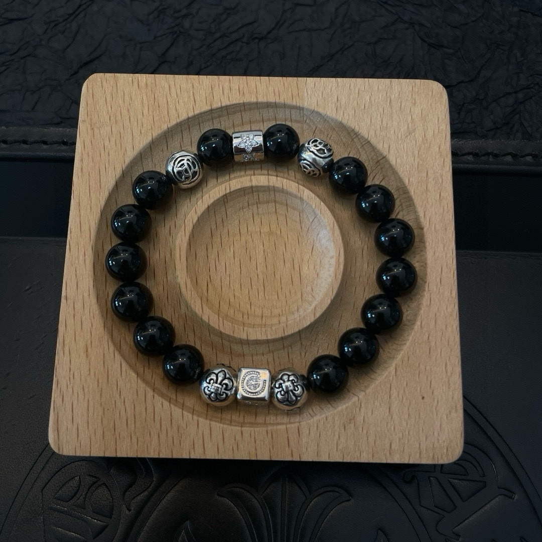  新款【专柜品质】Chrome Hearts克罗心 经典复古多元素黑曜石手链手串，凹凸造型不同的花纹设计