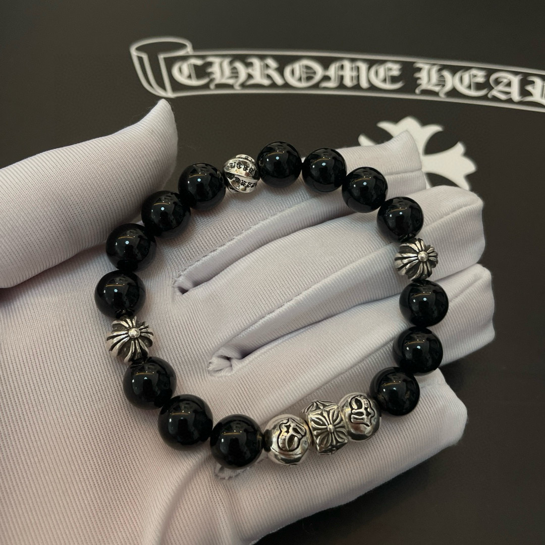  新款【专柜品质】Chrome Hearts克罗心 经典复古多元素黑曜石手链 手串，凹凸造型不同的花纹设