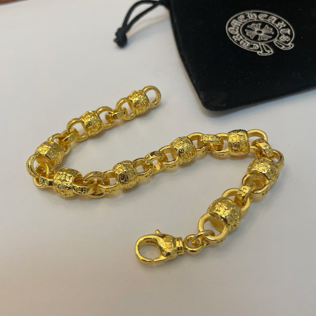   新款【专柜品质】Chrome Hearts克罗心经典黄金色十字架花球手链 凹凸造型不同的花纹设计风格