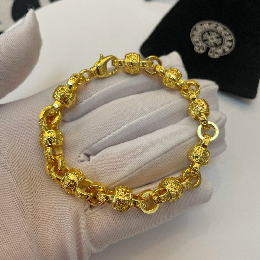  新款【专柜品质】Chrome Hearts克罗心经典黄金色十字架花球手链 凹凸造型不同的花纹设计风格