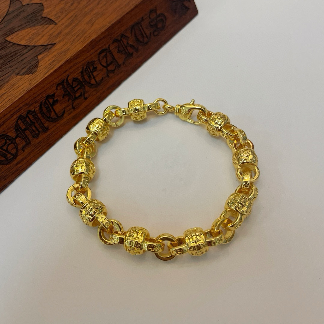   新款【专柜品质】Chrome Hearts克罗心经典黄金色十字架花球手链 凹凸造型不同的花纹设计风格