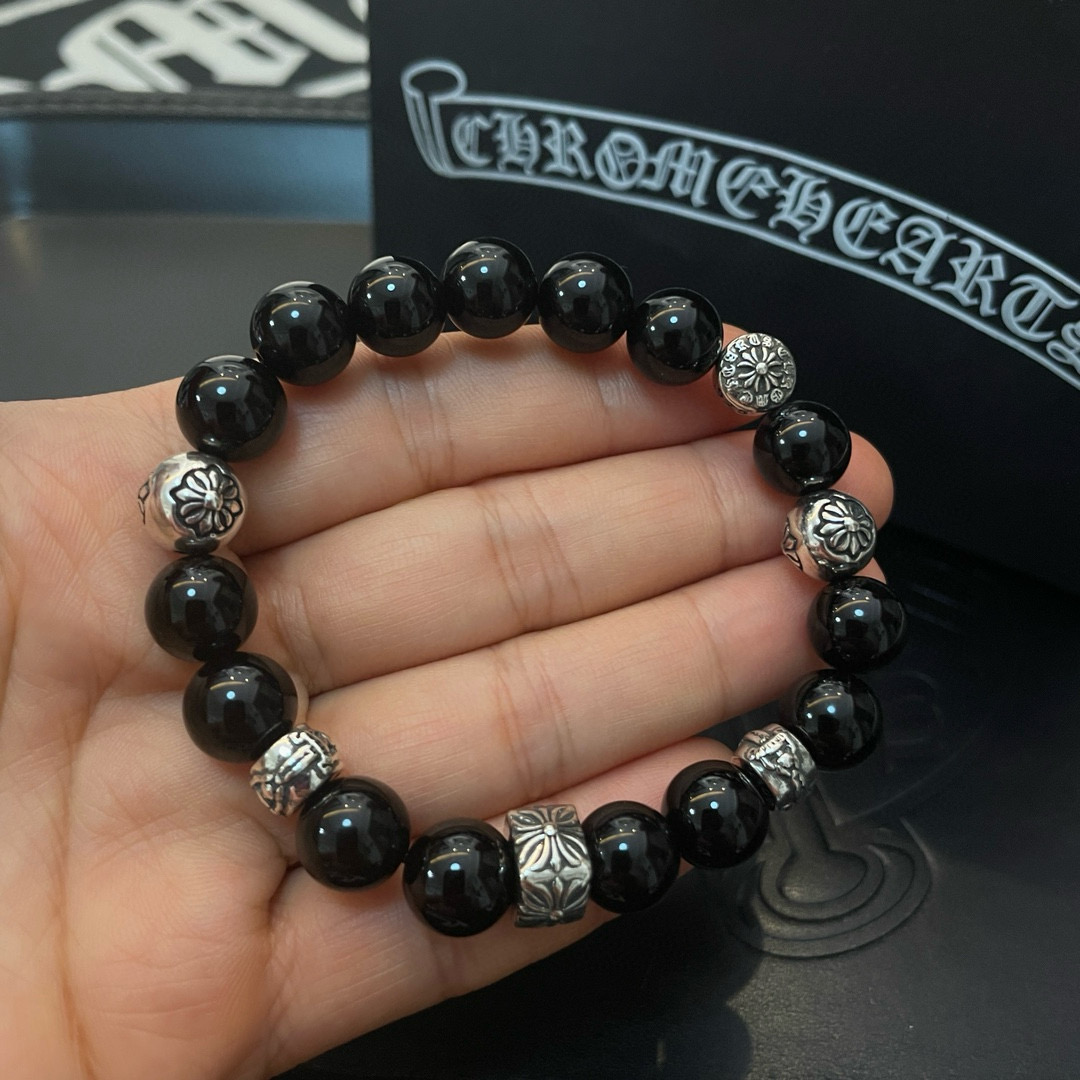  新款【专柜品质】Chrome Hearts克罗心 经典复古多元素黑曜石手链 手串，凹凸造型不同的花纹设