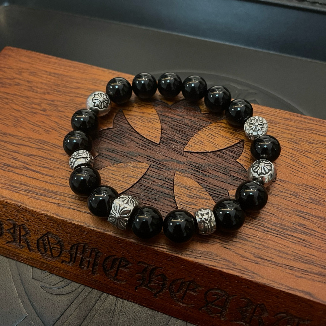  新款【专柜品质】Chrome Hearts克罗心 经典复古多元素黑曜石手链 手串，凹凸造型不同的花纹设