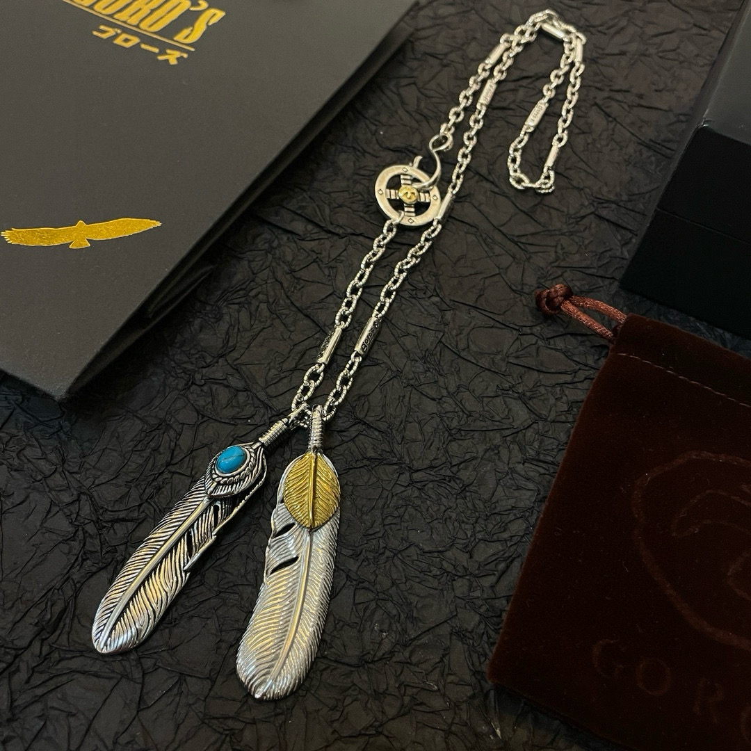  【新品上架】Goro’s高桥吾郎松石上金羽毛双吊坠，高桥经典项链，顶级版本，认准独家拍摄，主攻高端市场