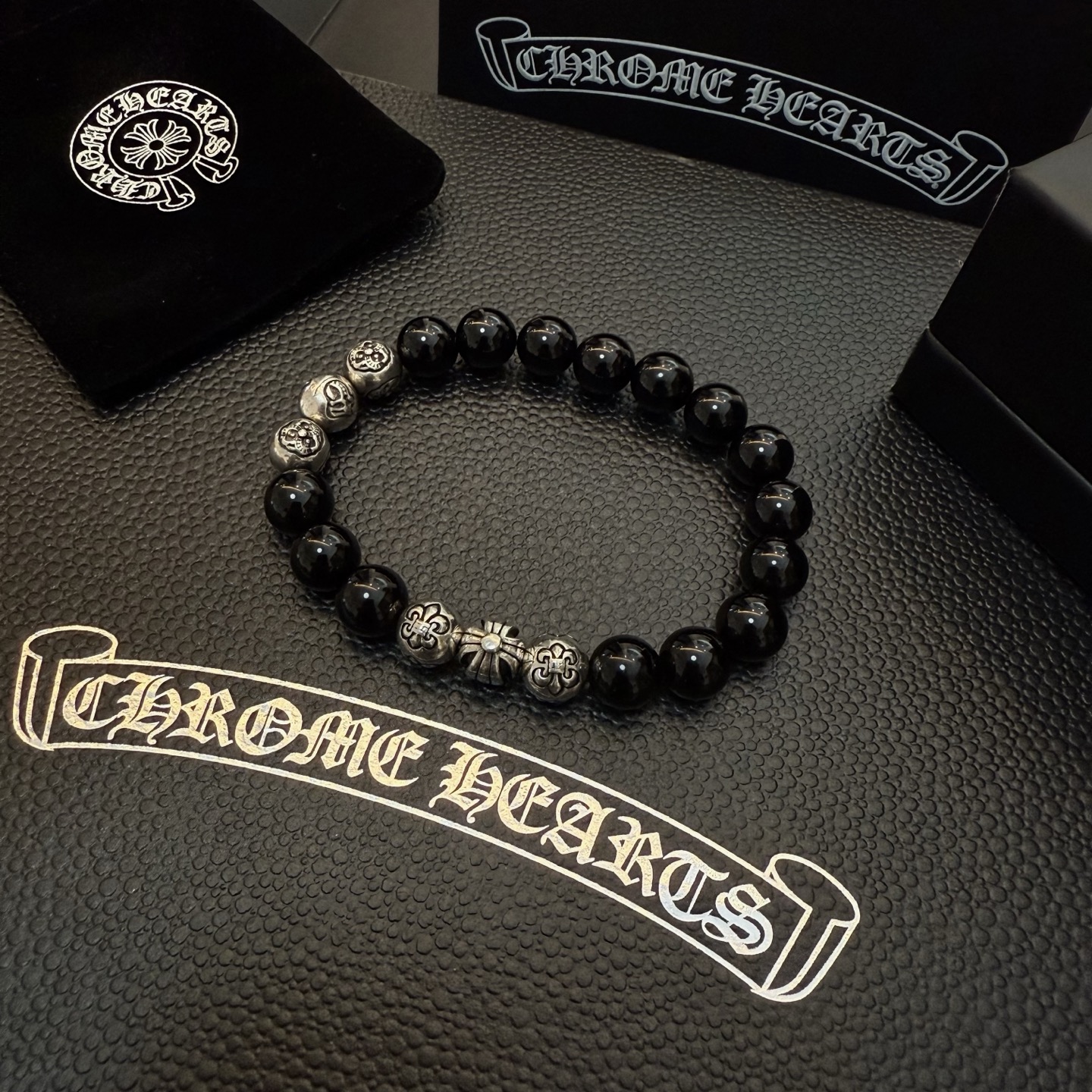  新款【专柜品质】Chrome Hearts克罗心 经典复古多元素黑曜石手串手链 ，快手/ins/小红书