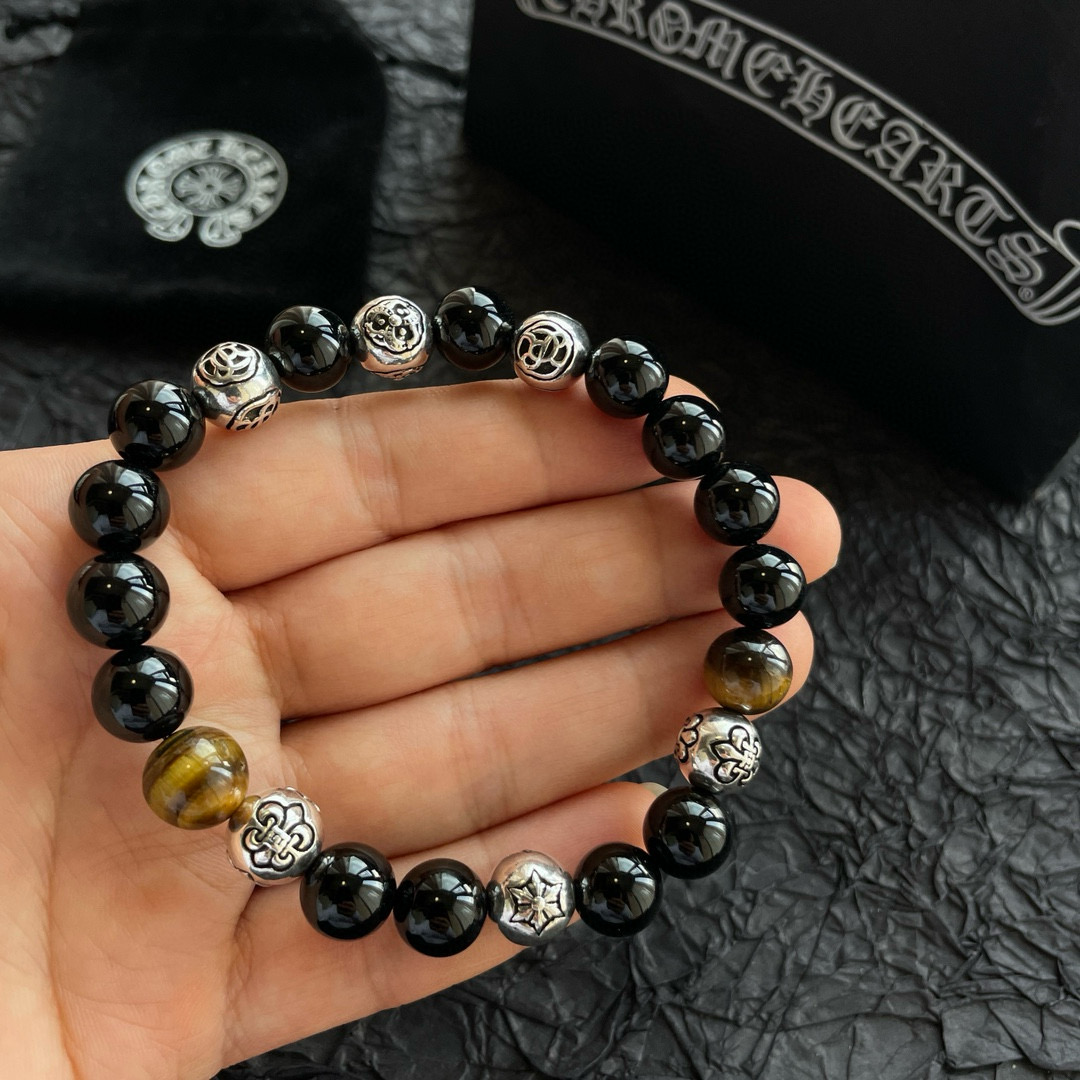  新款【专柜品质】Chrome Hearts克罗心 经典复古多元素黑曜石拼色手链 手串，凹凸造型不同的花