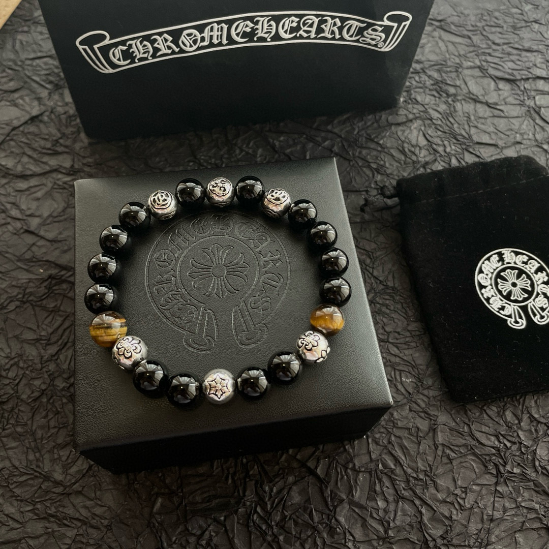  新款【专柜品质】Chrome Hearts克罗心 经典复古多元素黑曜石拼色手链 手串，凹凸造型不同的花