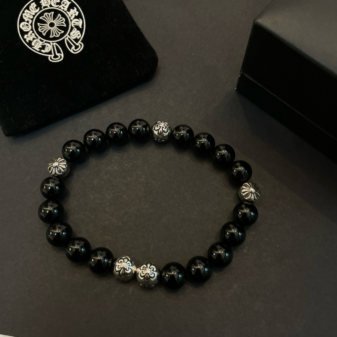  新款【专柜品质】Chrome Hearts克罗心 经典复古多元素黑曜石手链手串，凹凸造型不同的花纹设计