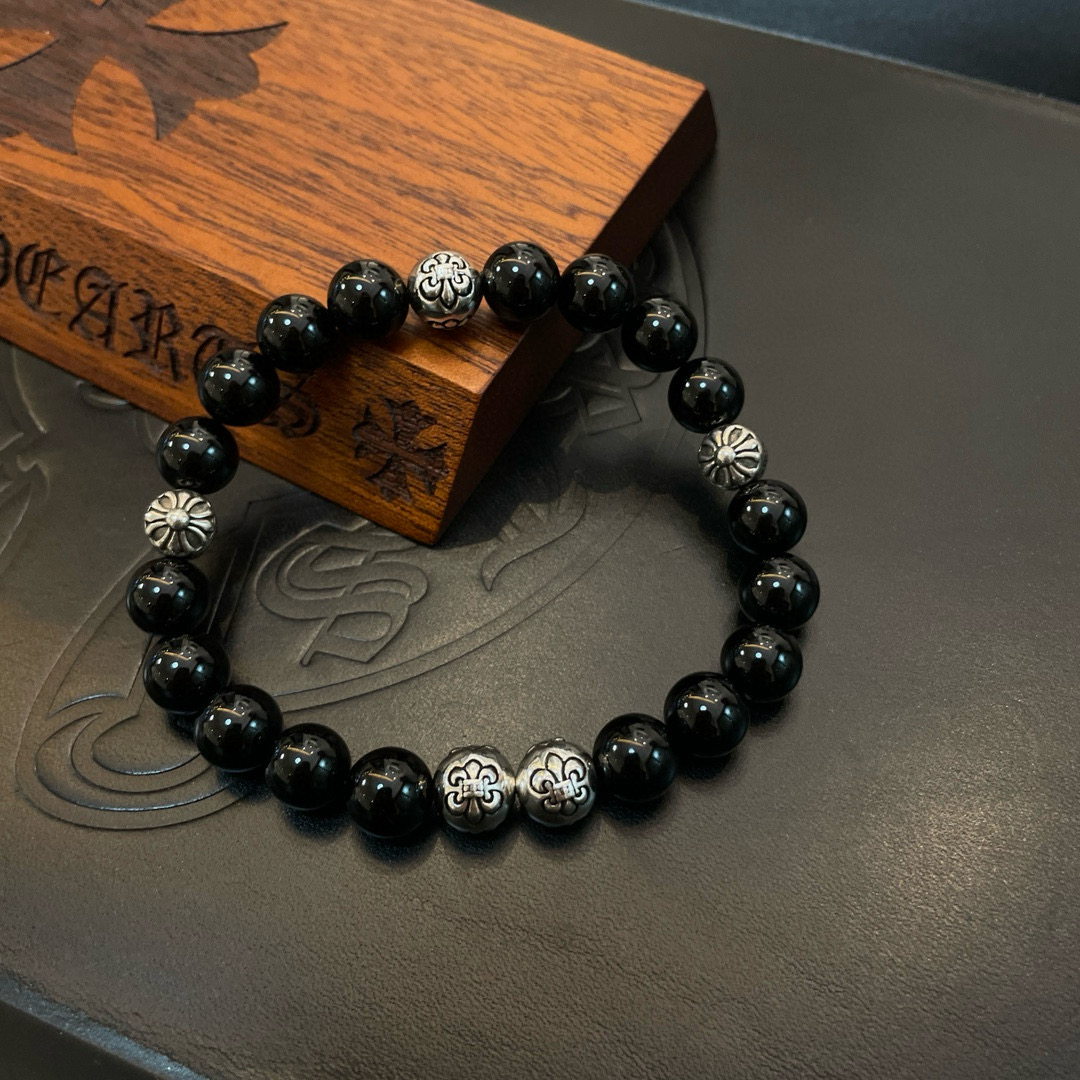  新款【专柜品质】Chrome Hearts克罗心 经典复古多元素黑曜石手链手串，凹凸造型不同的花纹设计