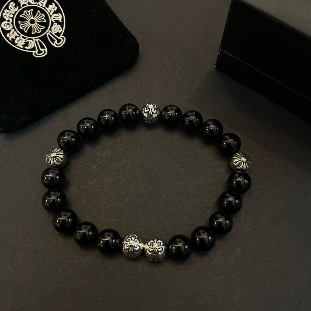  新款【专柜品质】Chrome Hearts克罗心 经典复古多元素黑曜石手链手串，凹凸造型不同的花纹设计