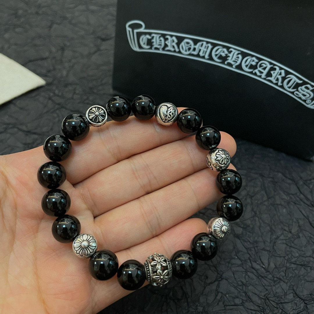  新款【专柜品质】Chrome Hearts克罗心 经典复古多元素黑曜石手链手串，凹凸造型不同的花纹设计