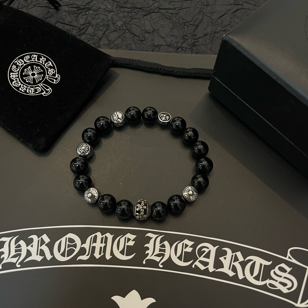  新款【专柜品质】Chrome Hearts克罗心 经典复古多元素黑曜石手链手串，凹凸造型不同的花纹设计