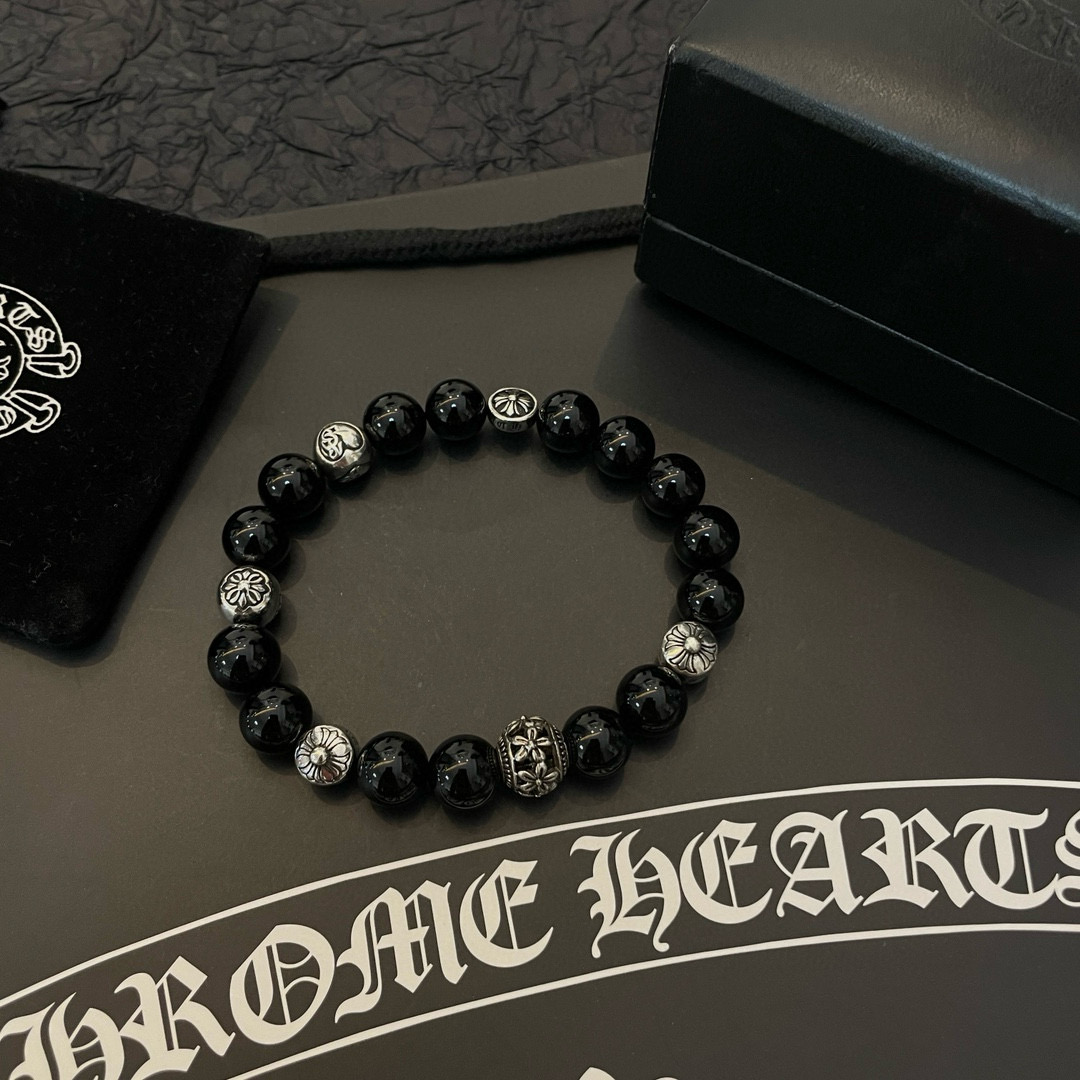  新款【专柜品质】Chrome Hearts克罗心 经典复古多元素黑曜石手链手串，凹凸造型不同的花纹设计