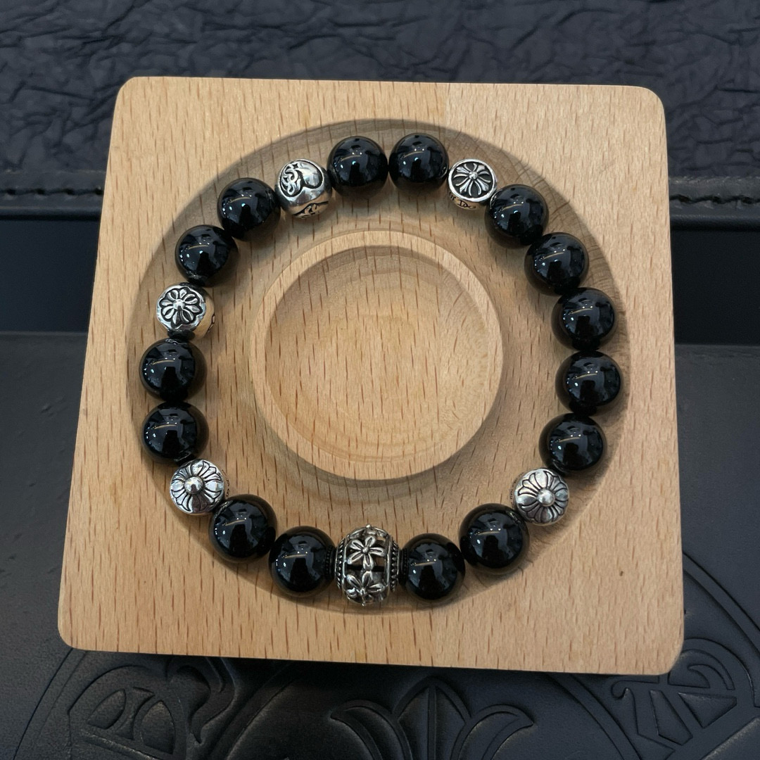  新款【专柜品质】Chrome Hearts克罗心 经典复古多元素黑曜石手链手串，凹凸造型不同的花纹设计
