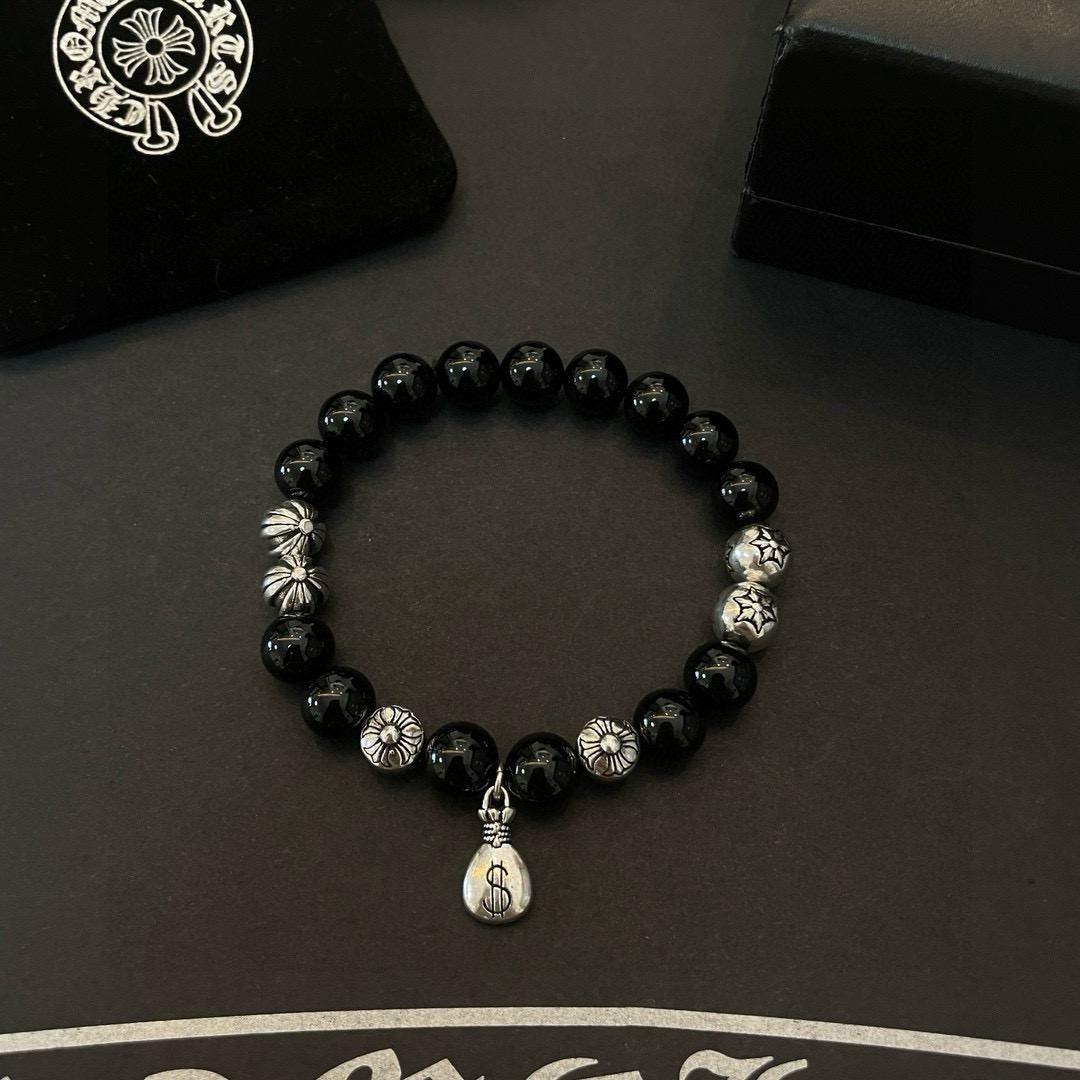  新款【专柜品质】Chrome Hearts克罗心 经典复古多元素 黑玛瑙手链 手串，凹凸造型不同的花纹