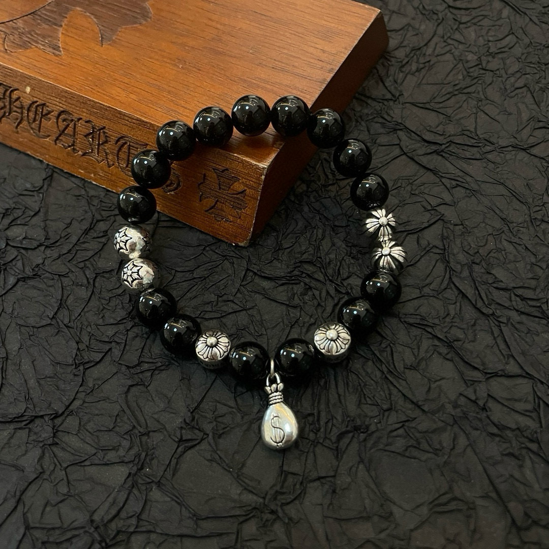  新款【专柜品质】Chrome Hearts克罗心 经典复古多元素 黑玛瑙手链 手串，凹凸造型不同的花纹