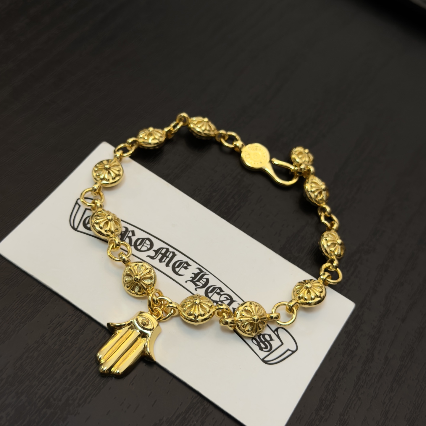 新款【专柜品质】Chrome Hearts克罗心经典复古黄金色十字花球手链，原图凹凸造型不同的花纹设计风