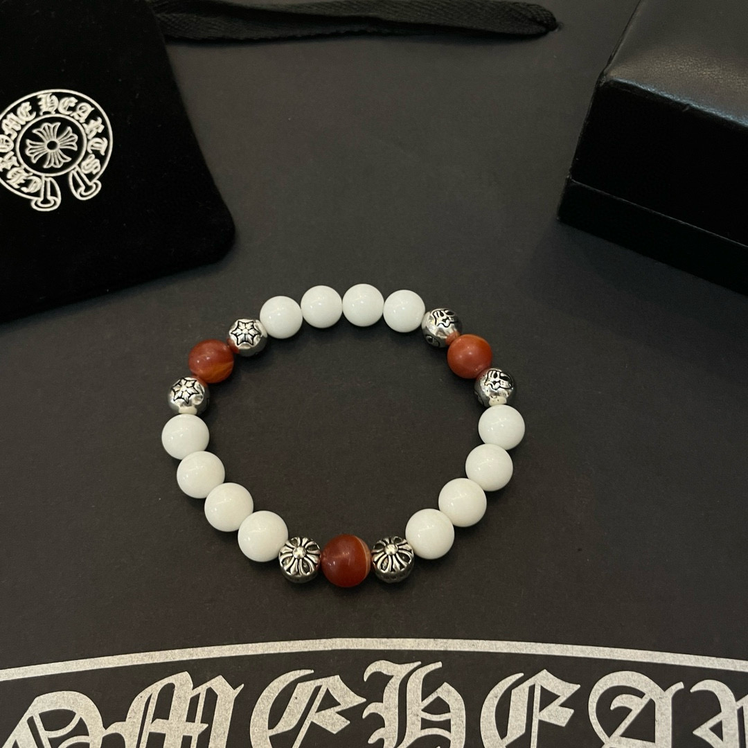 新款【专柜品质】Chrome Hearts克罗心 经典复古多元素白猫眼石手链手串，凹凸造型不同的花纹设计