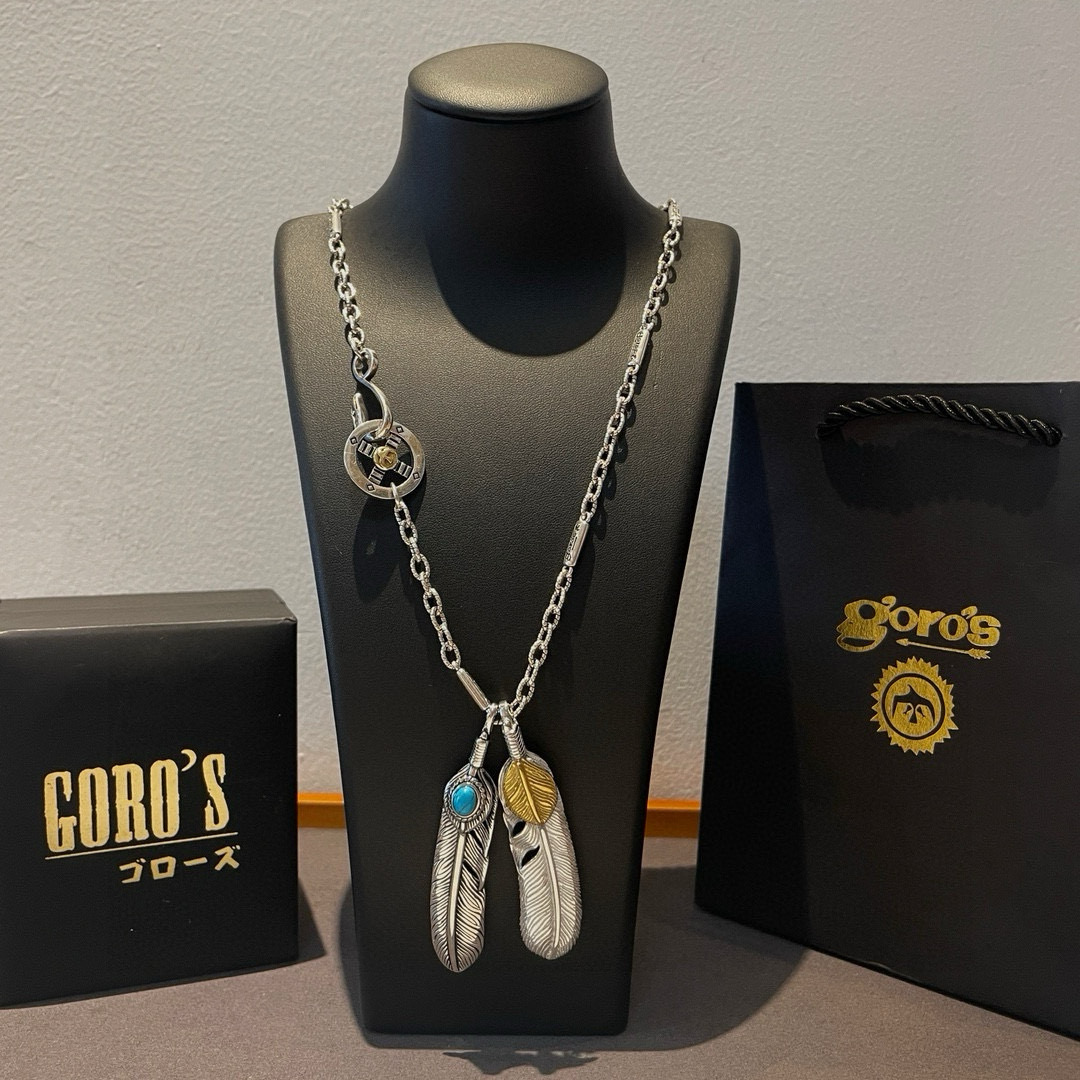 NO:557650,[New product on the shelves] Goro’s Goro Takahashi gold feather double pendant on turquoise, Takahashi classic necklace, top version, be sure to take exclusive photos, focus on the high-end market, popular model on Kuaishou/ins/Xiaohongshu, definitely different from the ordinary version!  The product details in the pictures are consistent with ZP!  Original production process, exquisite quality, purely handmade ~ Authentic mold opening, trendy and fashionable must-have, can be worn by both men and women, the same style for couples, rock punk Thai silver style, retro elements, trendy and versatile, the same style as the official website, boutique jewelry, necklace19860909【新品上架】Goro’s高桥吾郎松石上金羽毛双吊坠,高桥经典项链,顶级版本,认准独家拍摄,主攻高端市场 ,快手/ins/小红书热门款,绝对区别普通版本！图片产品细节与ZP一致！原版制作工艺 精工品质 纯手工打造 ～正品开模潮流时尚必备 男女均可佩戴 情侣款同款 摇滚朋克泰银风格 复古元素 潮流百搭 官网同款,饰品精品,necklace,Jewelry
