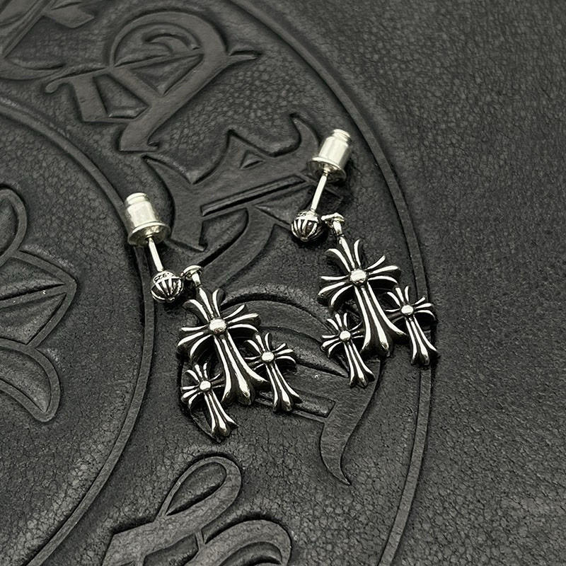 Chrome Hearts 高版本克罗心泰银镀22K金三十字架耳环 男女 款十字架耳钉