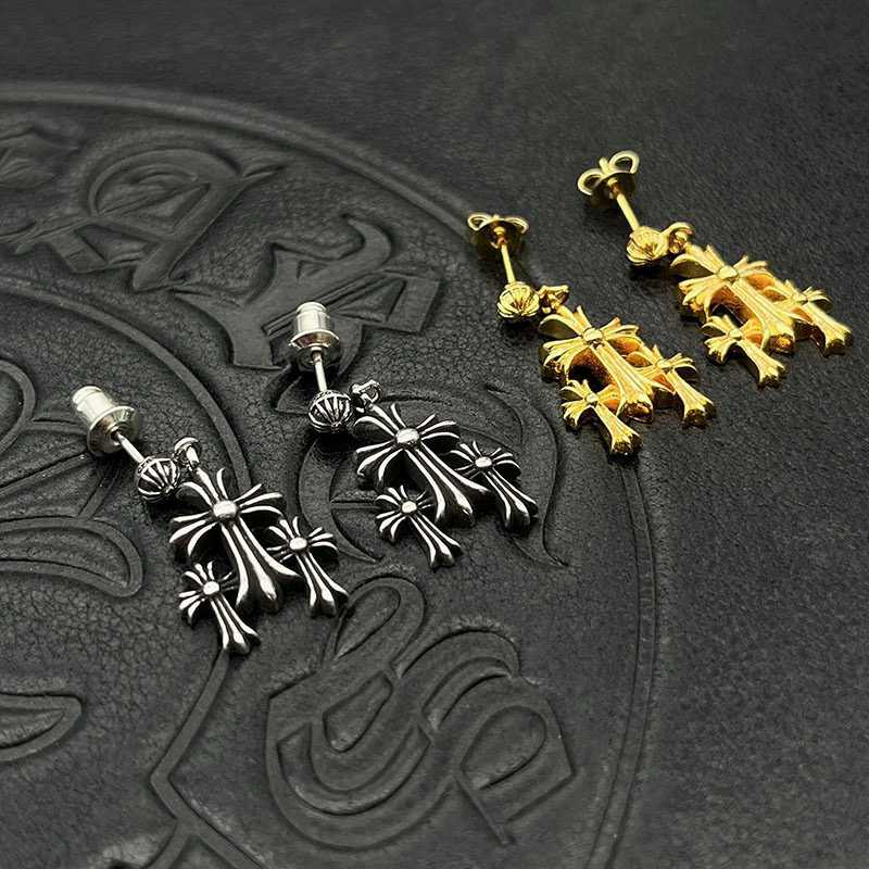 Chrome Hearts 高版本克罗心泰银镀22K金三十字架耳环 男女 款十字架耳钉