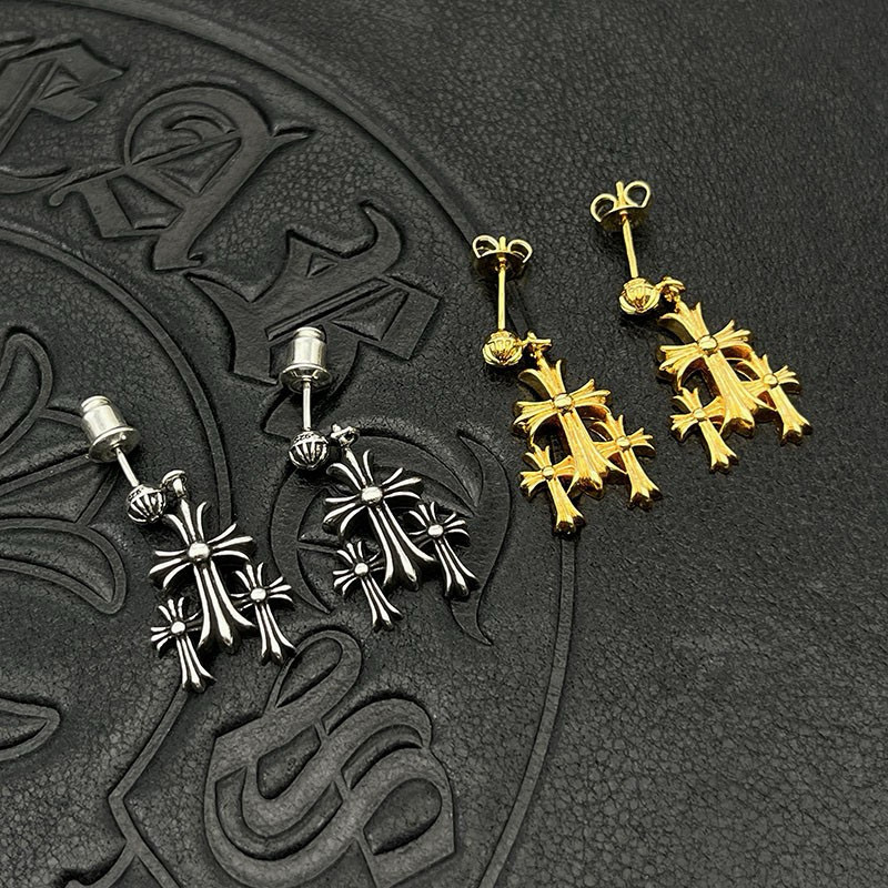 NO:643222,High version of Chrome Hearts silver-plated 22K gold triple cross earrings, retro men's and women's classic cross earrings, color gold/silver, fine jewelry, chrome hearts, earrings19860909高版本克罗心泰银镀22K金三十字架耳环复古男女经典款十字架耳钉 颜色金色/银色,饰品精品,chrome hearts,earrings,Jewelry