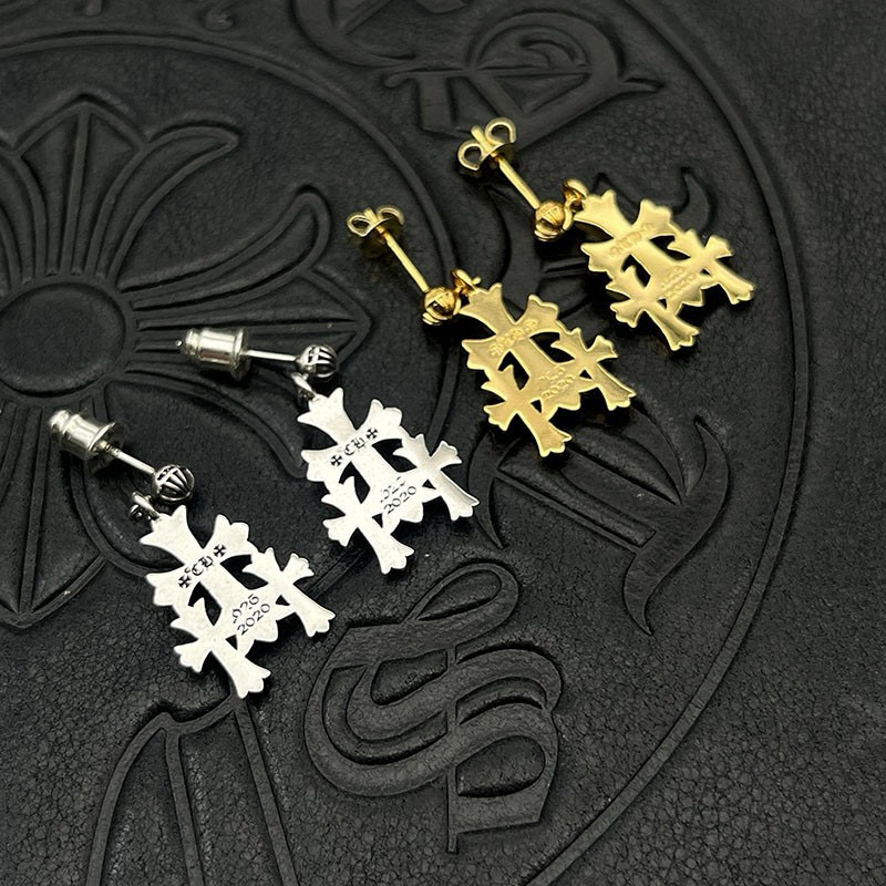 Chrome Hearts 高版本克罗心泰银镀22K金三十字架耳环 男女 款十字架耳钉