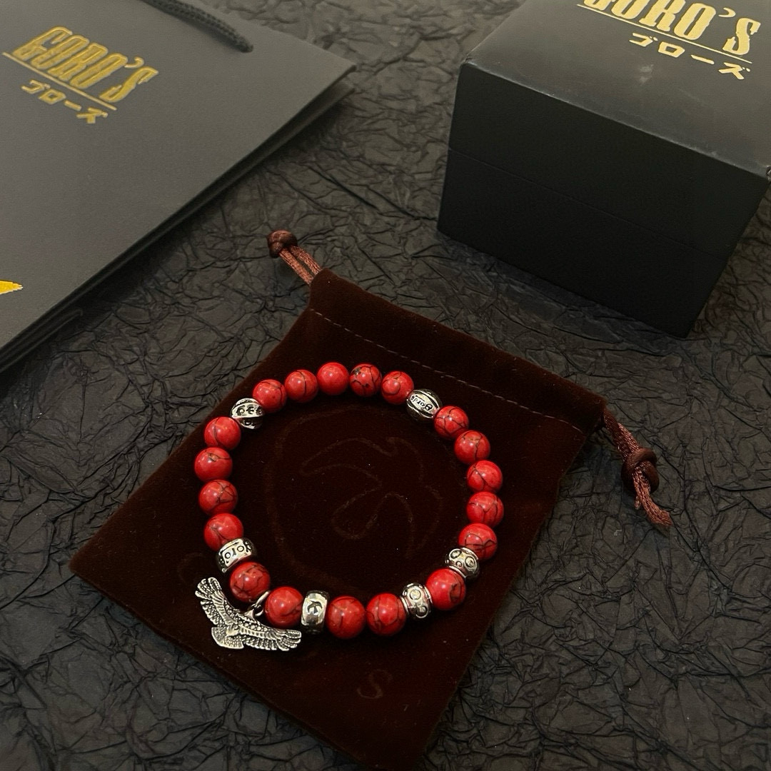 批💰145【新品上架】Goro&rsquo;s高桥吾郎红松石老鹰手串手链，顶级版本 认准独家拍摄 主攻高端市场 绝对区别普通版本！图片产品细节与ZP一致！原版制作工艺 精工品质 纯手工打造 ～正品开模💝潮流时尚必备 男女均可佩戴 情侣款同款 摇滚朋克泰银风格 复古元素 潮流百搭 官网同款❤️