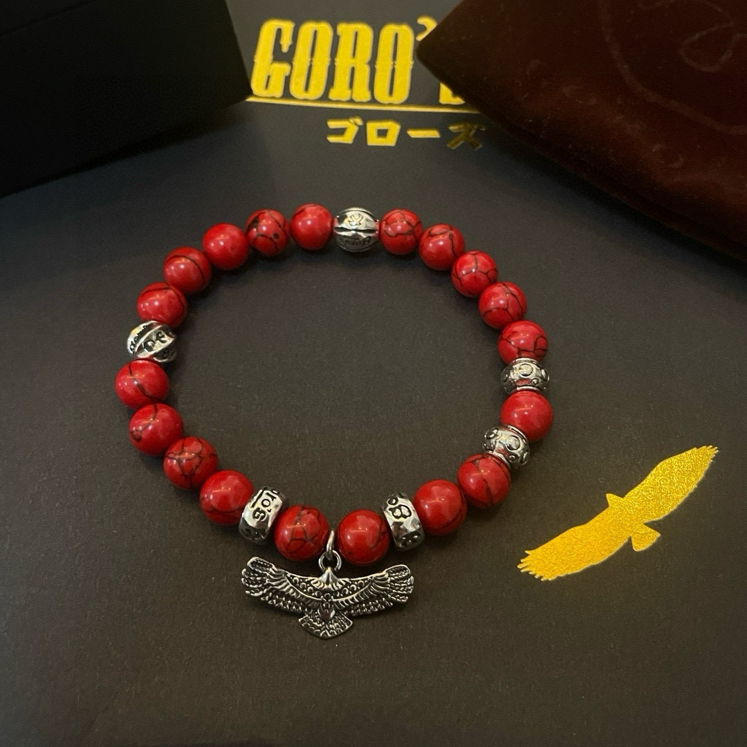 批💰145【新品上架】Goro&rsquo;s高桥吾郎红松石老鹰手串手链，顶级版本 认准独家拍摄 主攻高端市场 绝对区别普通版本！图片产品细节与ZP一致！原版制作工艺 精工品质 纯手工打造 ～正品开模💝潮流时尚必备 男女均可佩戴 情侣款同款 摇滚朋克泰银风格 复古元素 潮流百搭 官网同款❤️