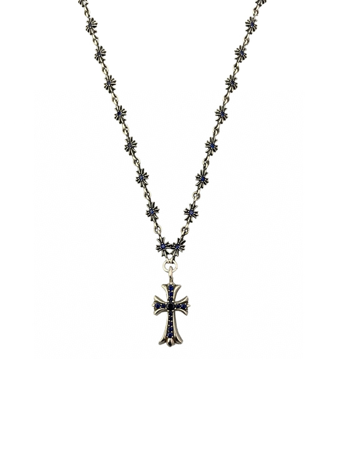NO:705072,Chrome Hearts Blue Zircon Cross Chain Set Full Sapphire Zircon Cross Flower Tiny Integrated Chain The charm of sapphire zircon is really irresistible. You will fall for it if you look at it for a second. Size 55cm No.: 100980, fine jewelry, chrome hearts19860909克罗心 蓝锆石十字架套链 满蓝宝锆石十字花tiny 一体链 蓝宝石锆石的魅力真的扛不住 属于多看一眼就会沦陷～ size55cm 编号: 100980,饰品精品,chrome hearts,Jewelry