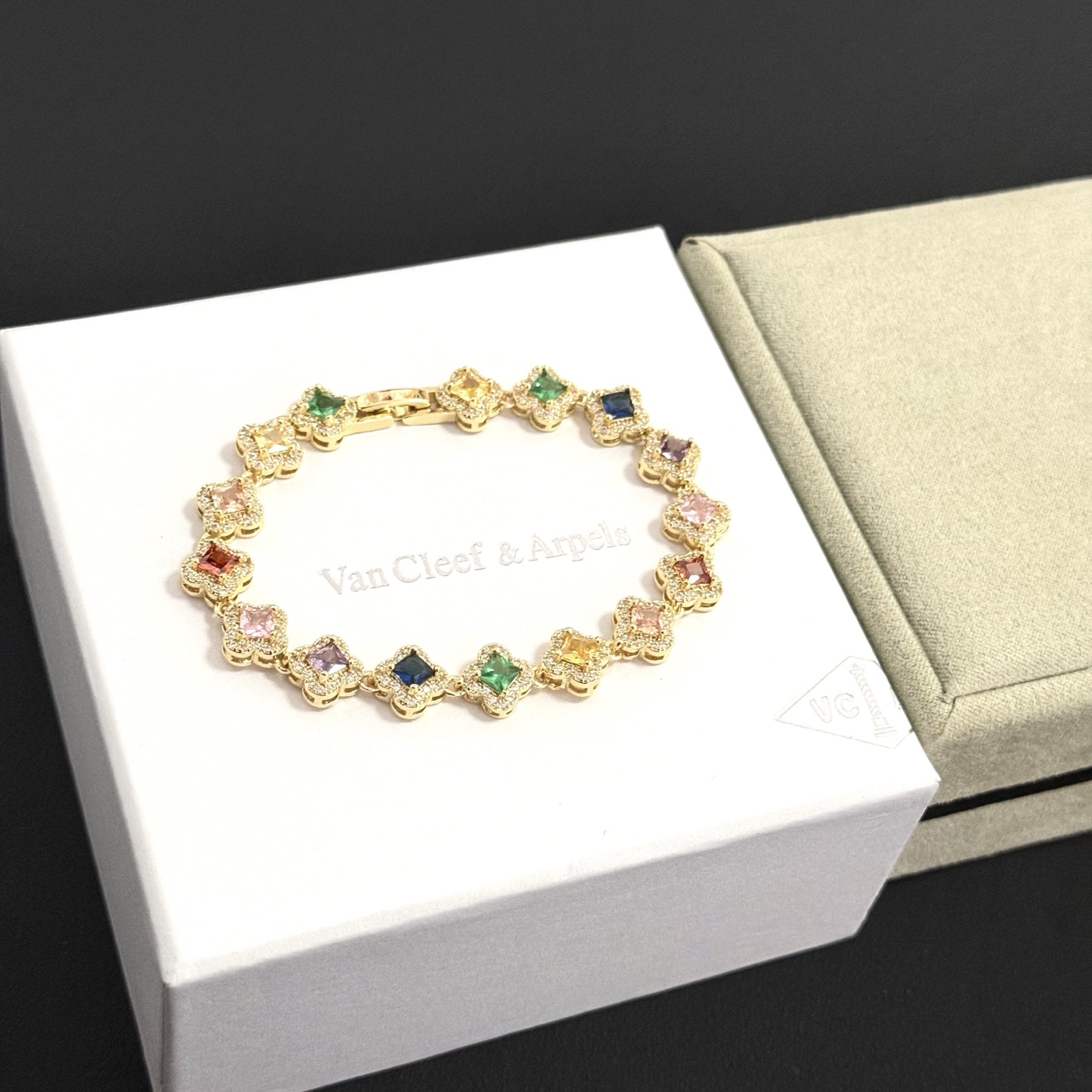 Van Cleef Arpels Alhambra bracelet yellow gold metal with multicolor gemstones and white diamond accents 18cm