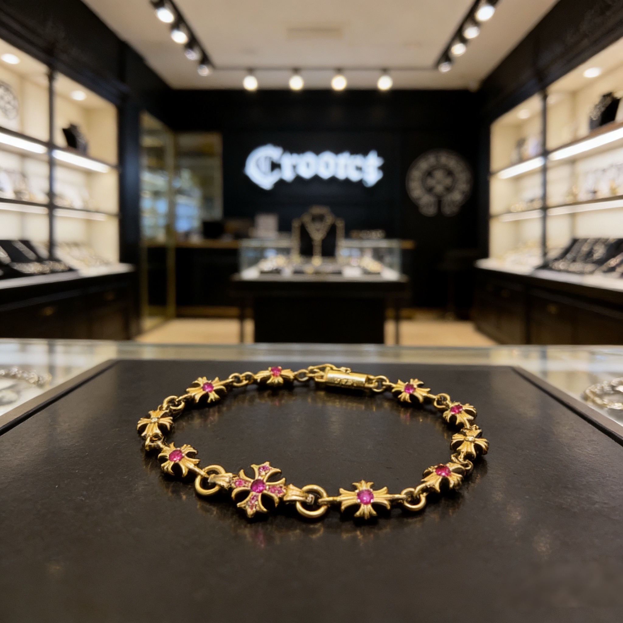 新款【专柜品质】Chrome Hearts克罗心黄金色粉钻十字架手链 凹凸造型不同的花纹设计风格 呈现出