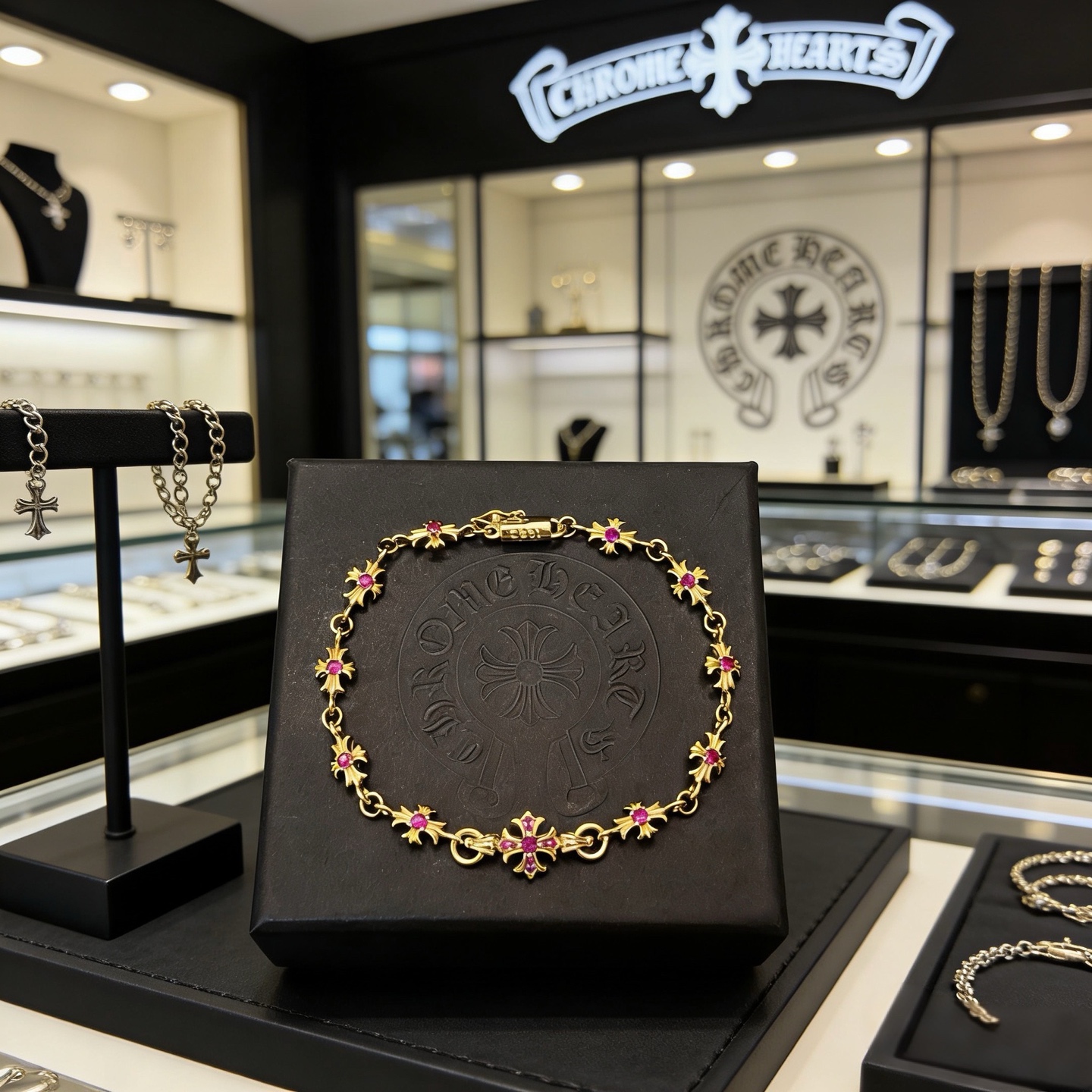 新款【专柜品质】Chrome Hearts克罗心黄金色粉钻十字架手链 凹凸造型不同的花纹设计风格 呈现出