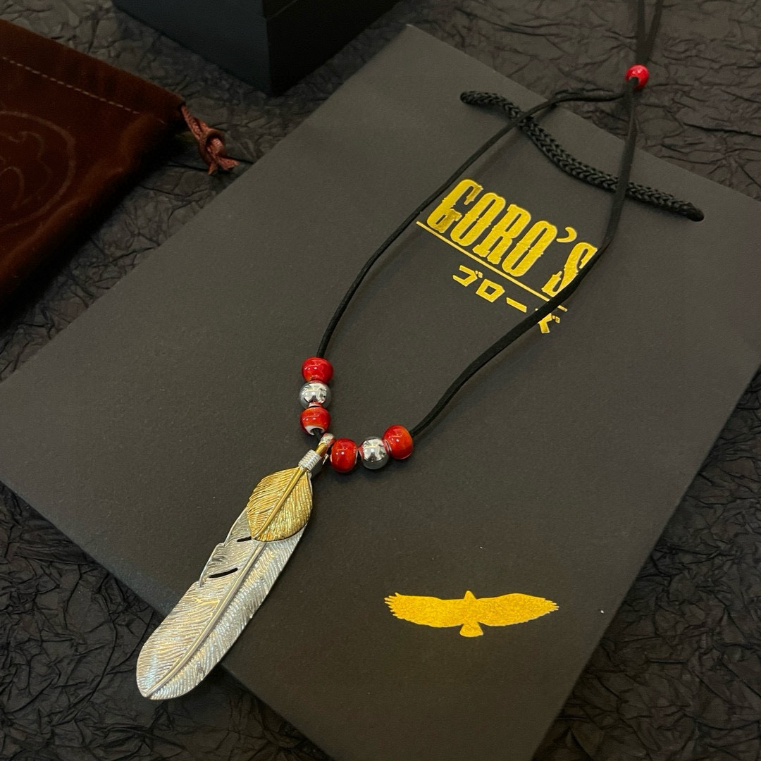 Goro's 新品上架Goro’s高桥吾郎上金羽毛吊坠 高桥 皮绳琉璃珠项链 认准独家拍摄