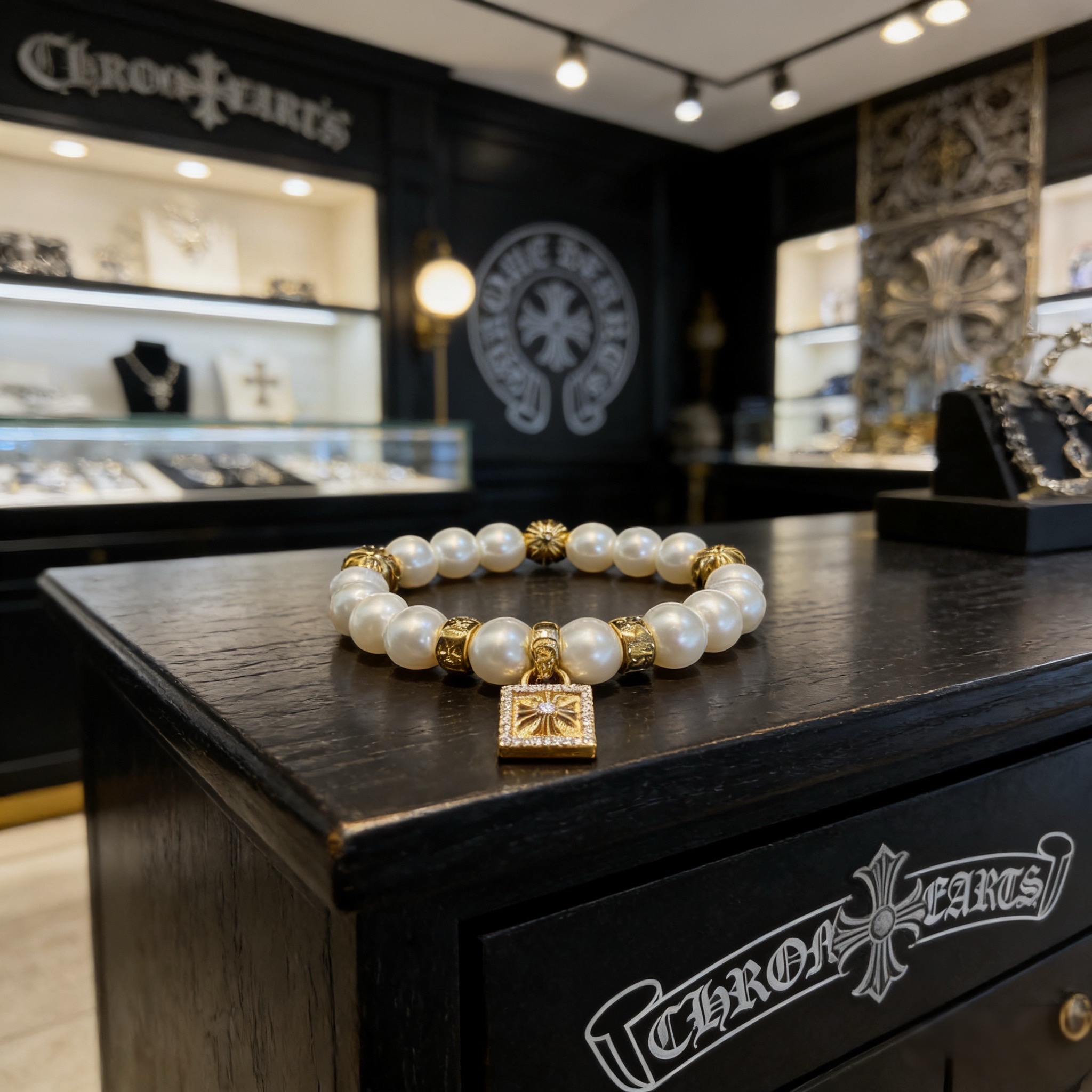 Nuevo [Calidad de mostrador] Chrome Hearts retro multi-elemento pulsera de cuentas de perla Diseño de patrones diferent…
