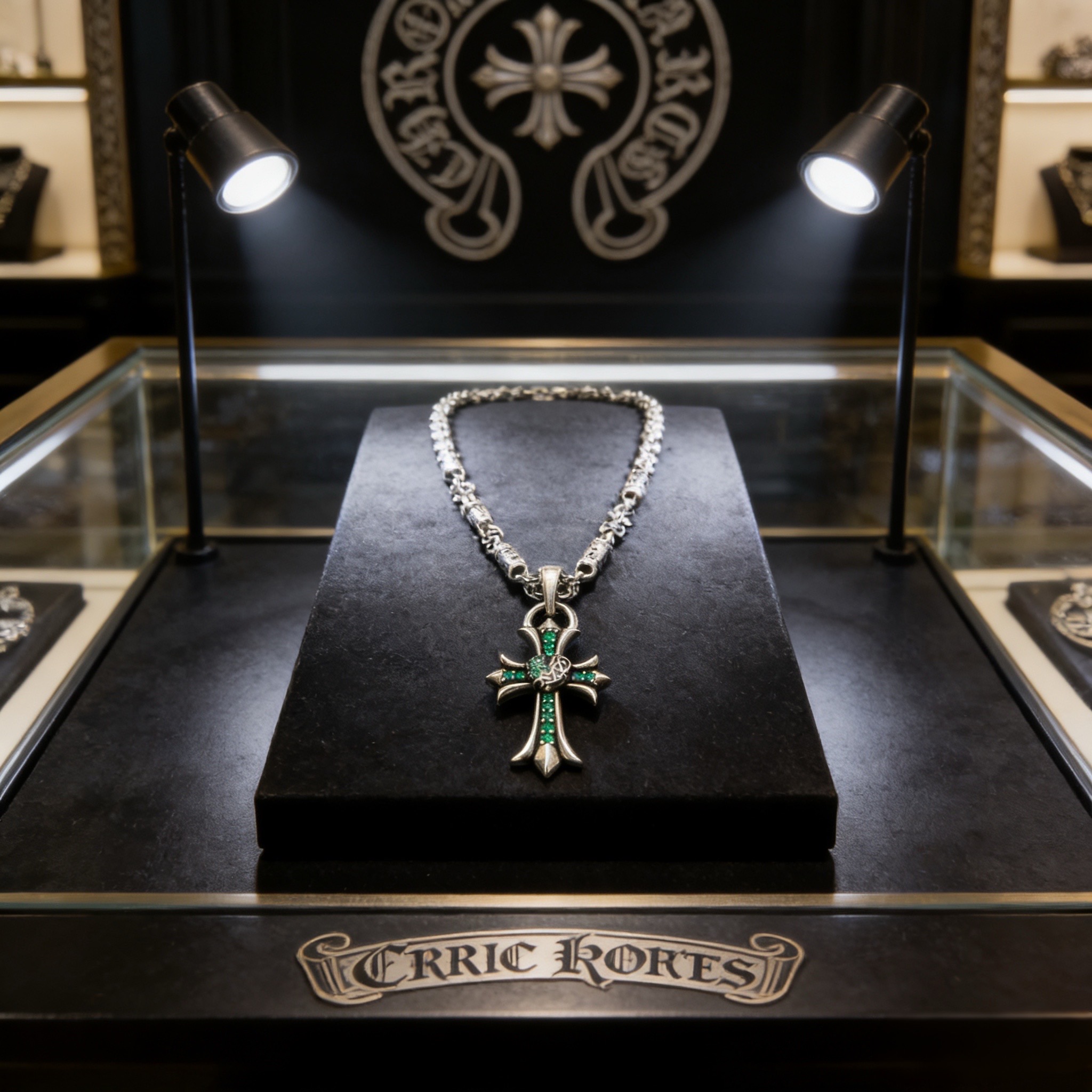 新款【专柜品质】Chrome Hearts克罗心十字架项链 绿钻藤蔓爱心十字架吊坠 凹凸造型不同的花纹设
