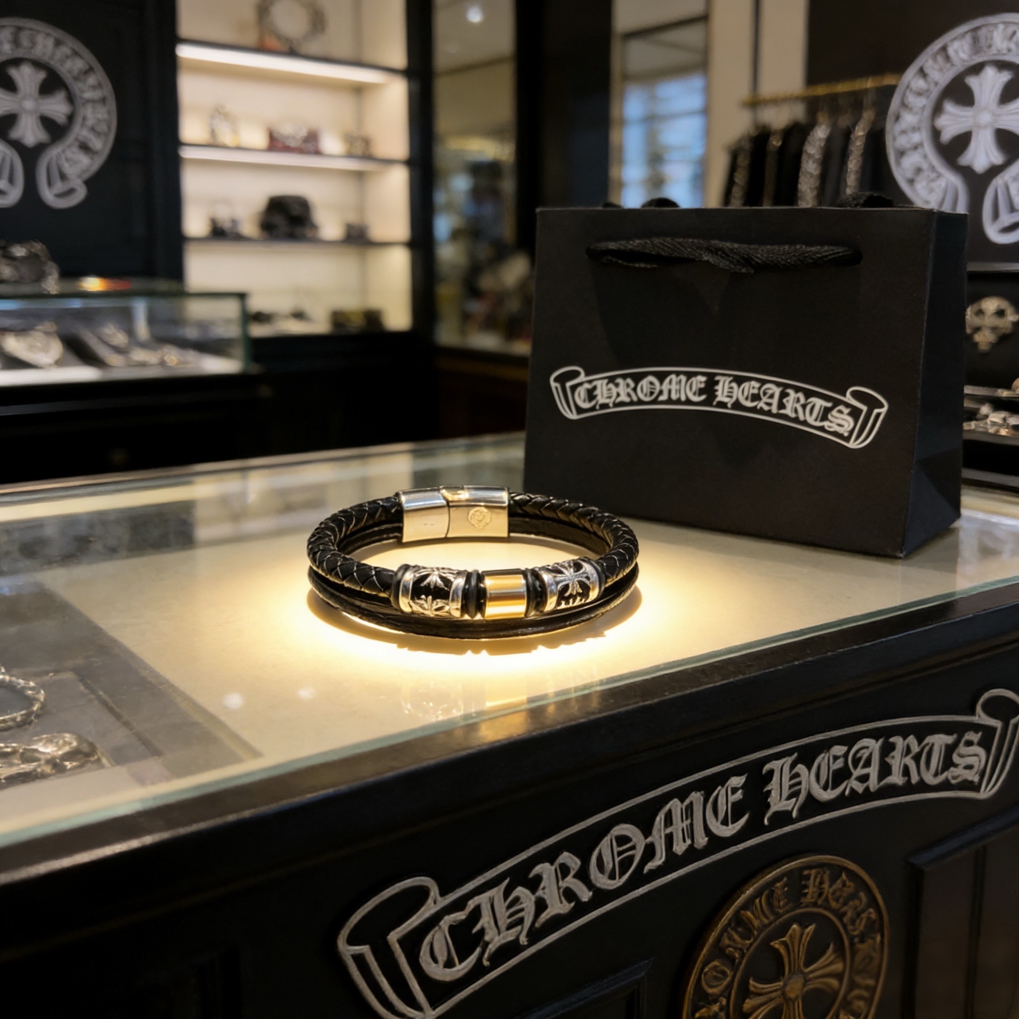 新款【专柜品质】Chrome Hearts克罗心皮绳手镯手绳，凹凸造型不同的花纹设计风格呈现出与众不同 